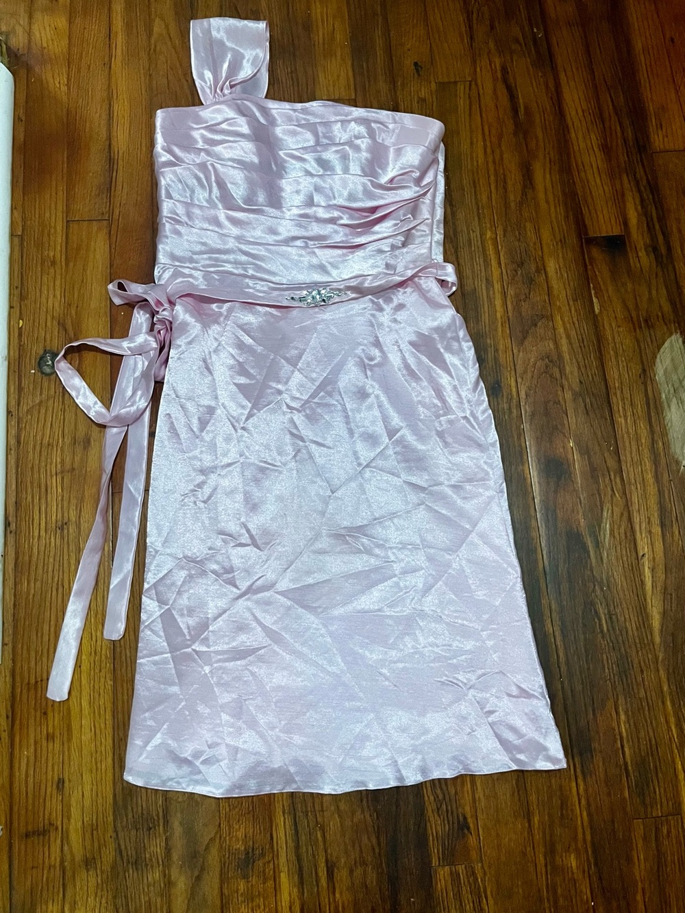 Jasmine Light Pink Satin One-Shoulder Formal Dress with Waist Sash